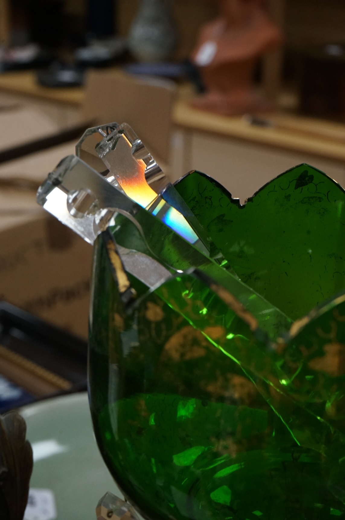A large Victorian green glass lustre with drops, 45cm high